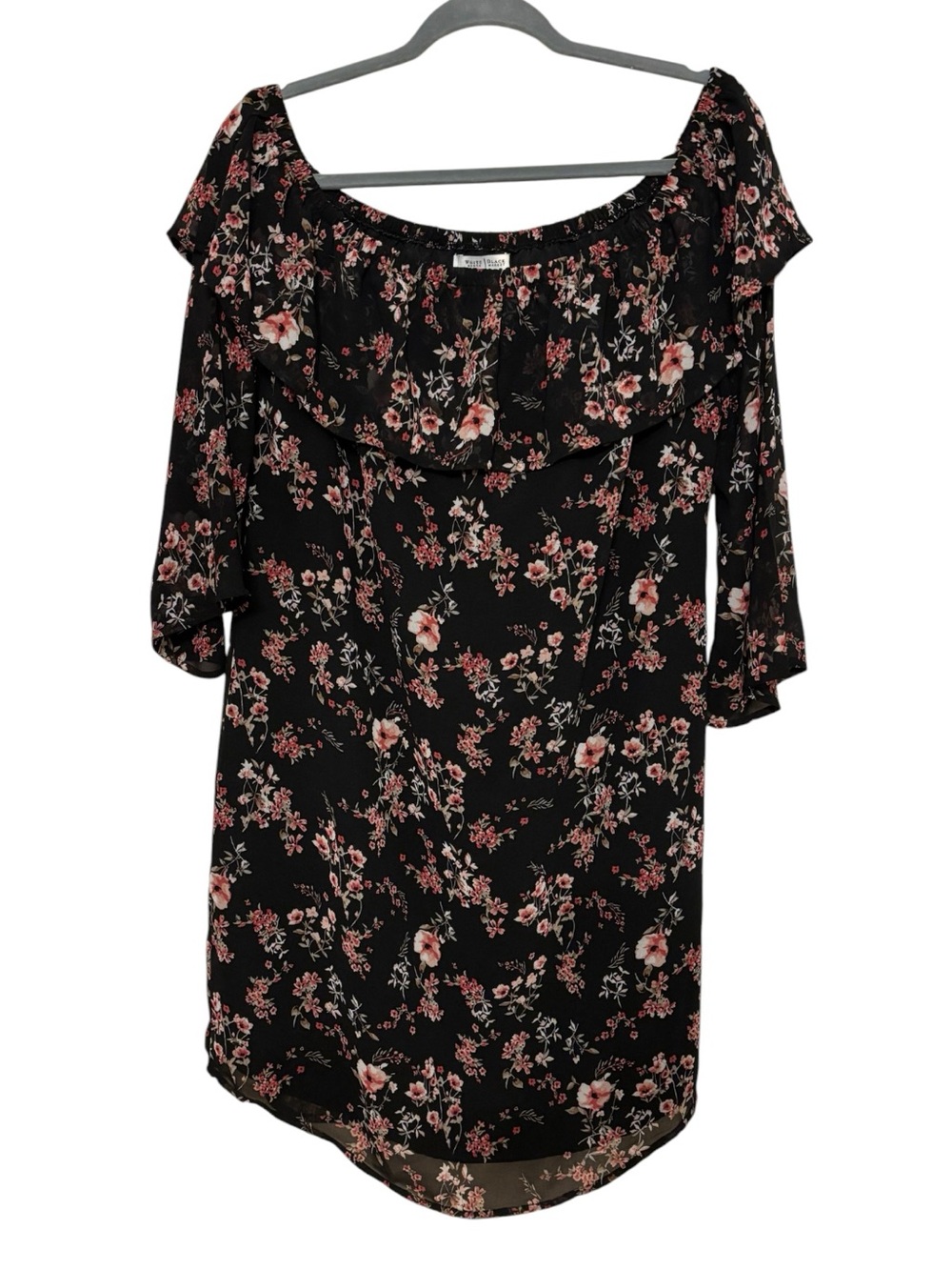 WHBM Black Floral Chiffon Off the Shoulder Shift Dress Size Large